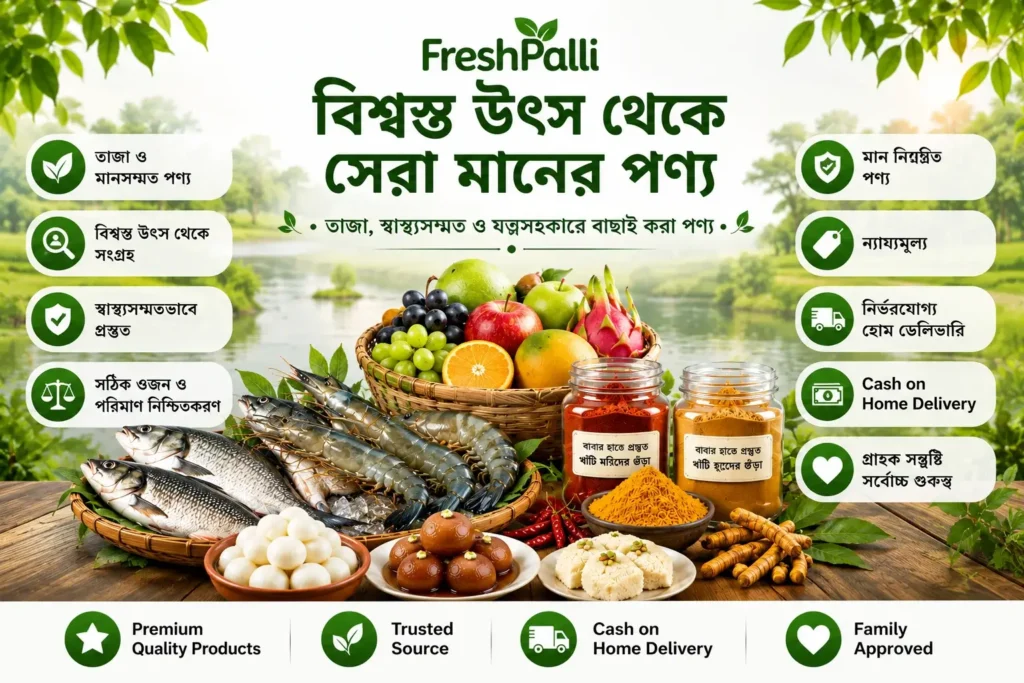 FreshPalli-এর বিশ্বস্ত উৎস থেকে সংগ্রহ করা তাজা মাছ, চিংড়ি, ফল, মিষ্টি এবং খাঁটি মসলা সমৃদ্ধ প্রিমিয়াম পণ্য