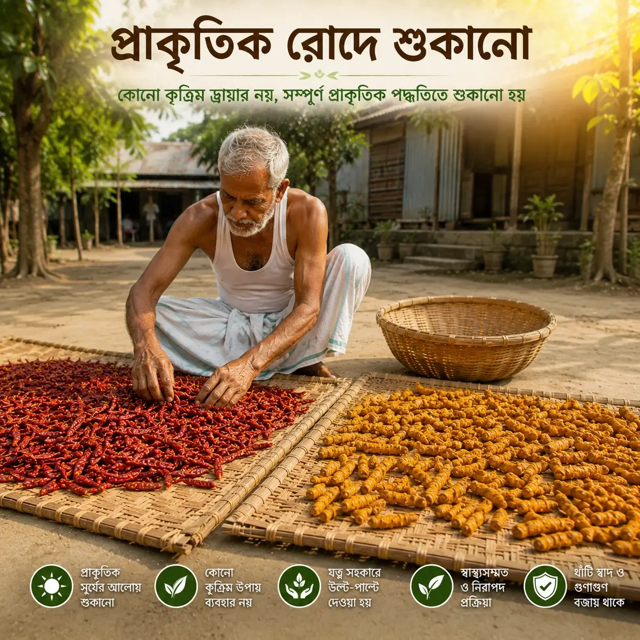 মাটির উঠানে প্রাকৃতিক রোদে শুকানো FreshPalli-এর মরিচ