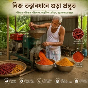 FreshPalli-এর মরিচ ও হলুদ নিজ তত্ত্বাবধানে গুঁড়া করা হচ্ছে