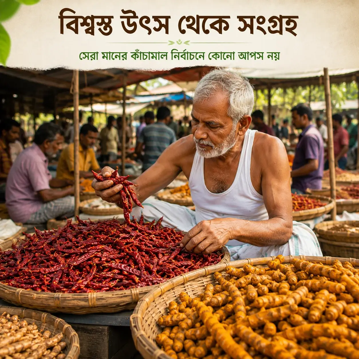 FreshPalli-এর জন্য একজন অভিজ্ঞ বাবা স্থানীয় হাট থেকে খাঁটি মরিচ ও হলুদ বাছাই করছেন
